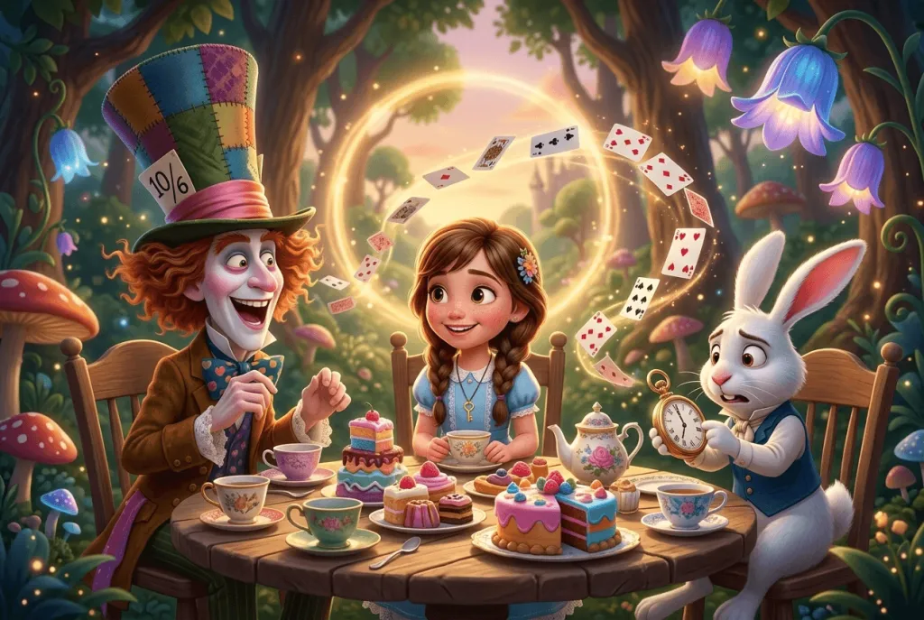 Personalized AI illustration — child at a magical tea party with cake and flying playing cards