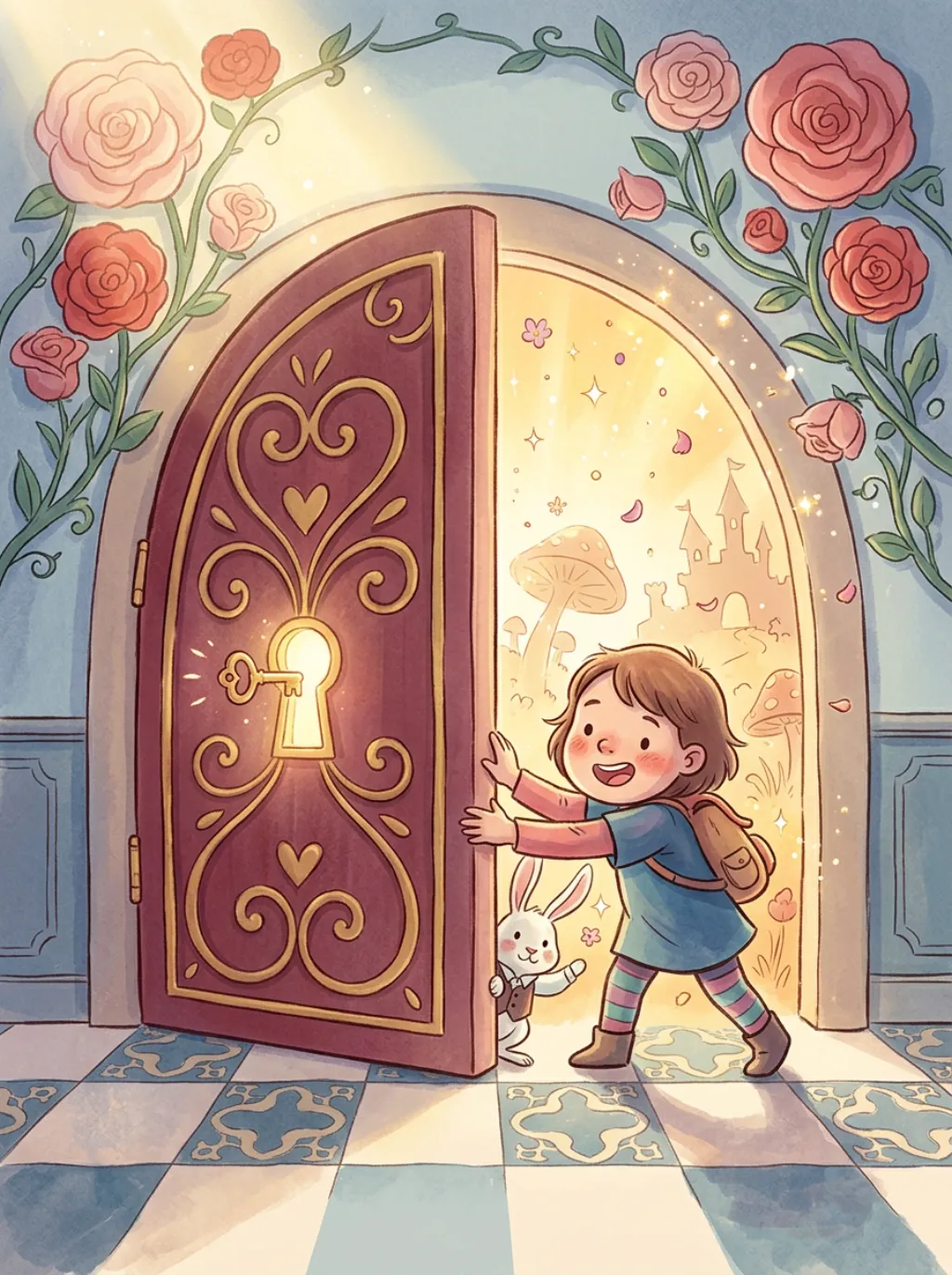 Personalized book cover — girl exploring an underwater castle with sea creatures